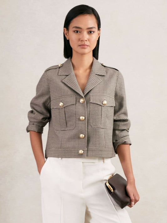 Reiss Offer - Wool Twin-Pocket Cropped Jacket in Neutral Check