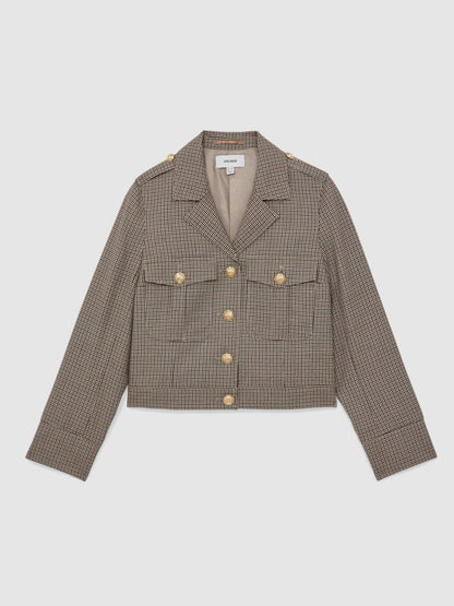 Reiss Offer - Wool Twin-Pocket Cropped Jacket in Neutral Check