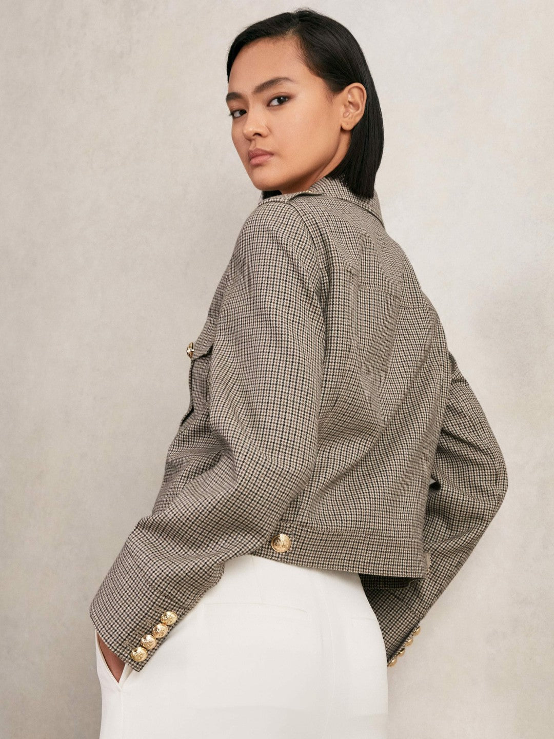 Reiss Offer - Wool Twin-Pocket Cropped Jacket in Neutral Check