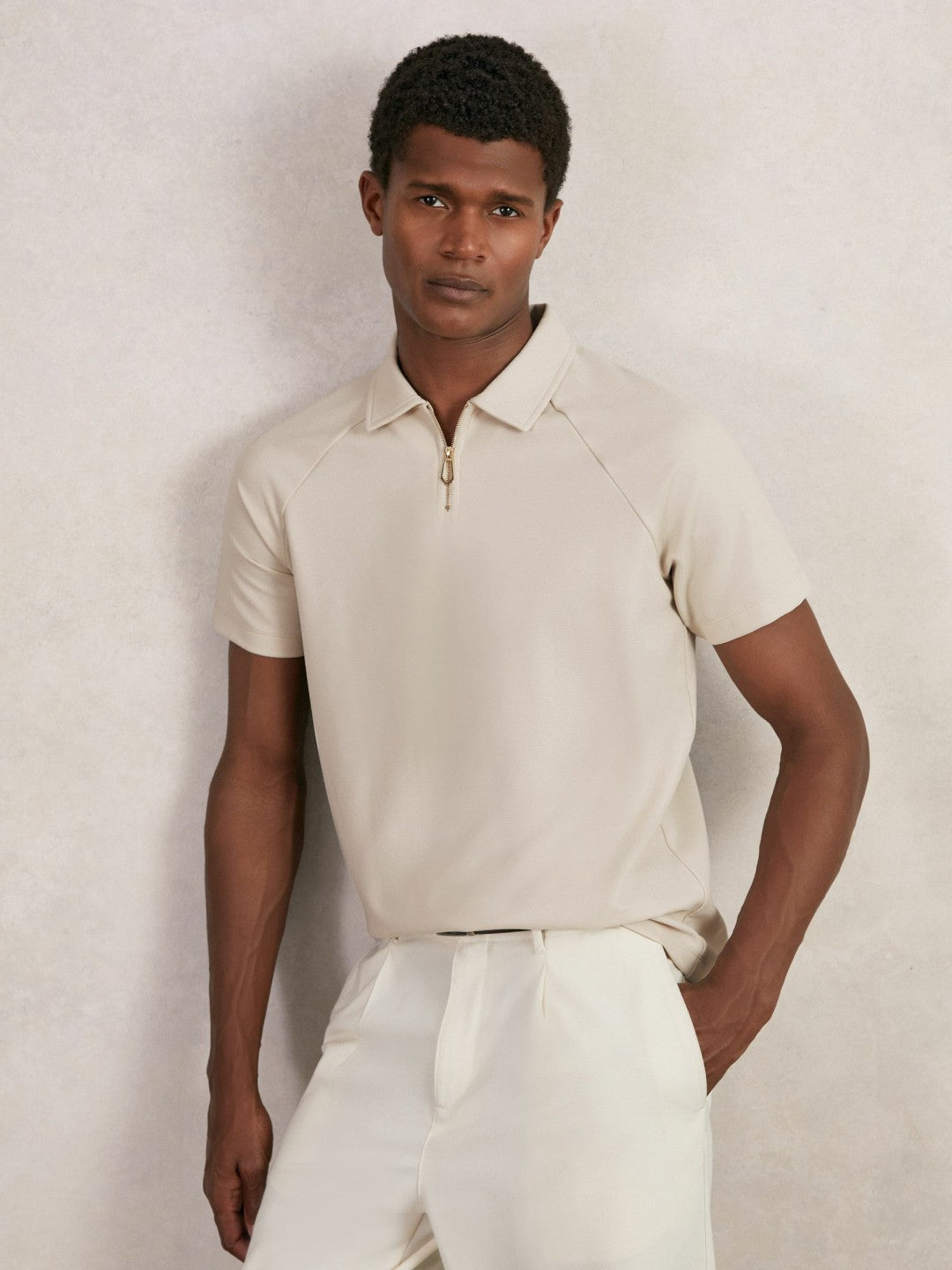 Reiss Deal - Textured Raglan Half-Zip Polo Shirt in Stone