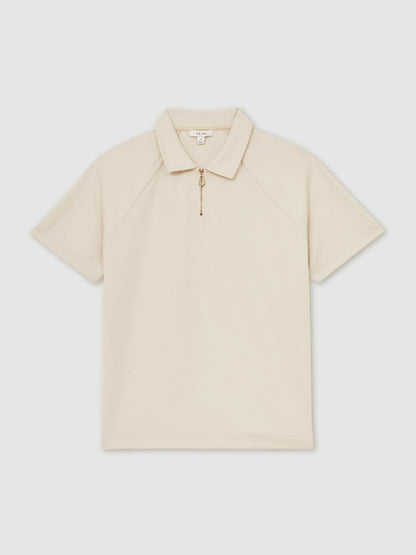 Reiss Deal - Textured Raglan Half-Zip Polo Shirt in Stone