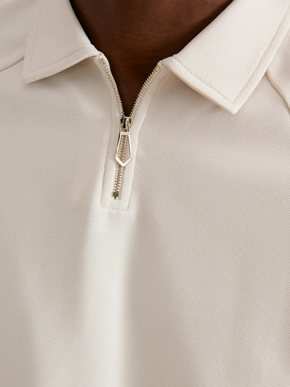Reiss Deal - Textured Raglan Half-Zip Polo Shirt in Stone