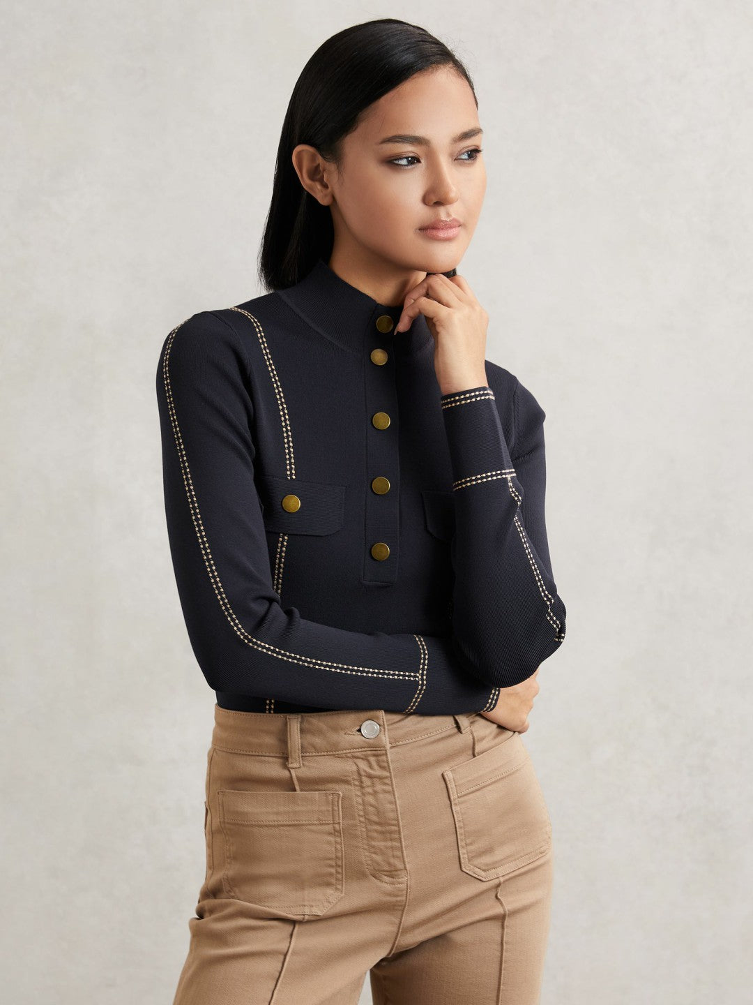 Reiss Deal - Contrast-Stitch Knit Top in Navy