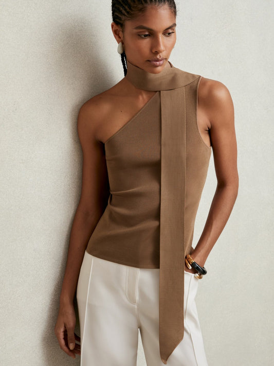 Reiss Deal - One Shoulder Scarf Top in Taupe Neutral