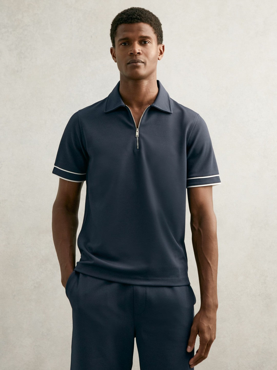 Reiss Deal - Textured Half-Zip Tipped Polo Shirt in Airforce Blue