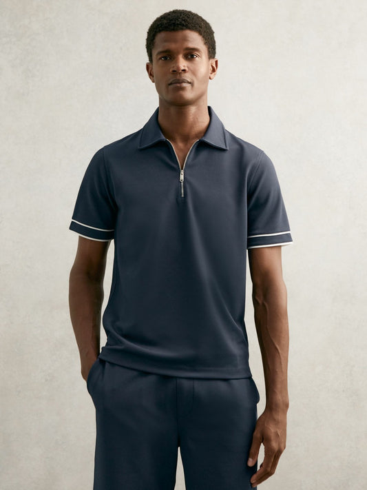 Reiss Deal - Textured Half-Zip Tipped Polo Shirt in Airforce Blue