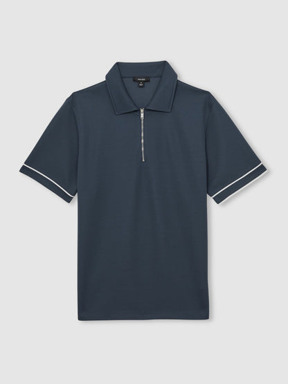 Reiss Deal - Textured Half-Zip Tipped Polo Shirt in Airforce Blue