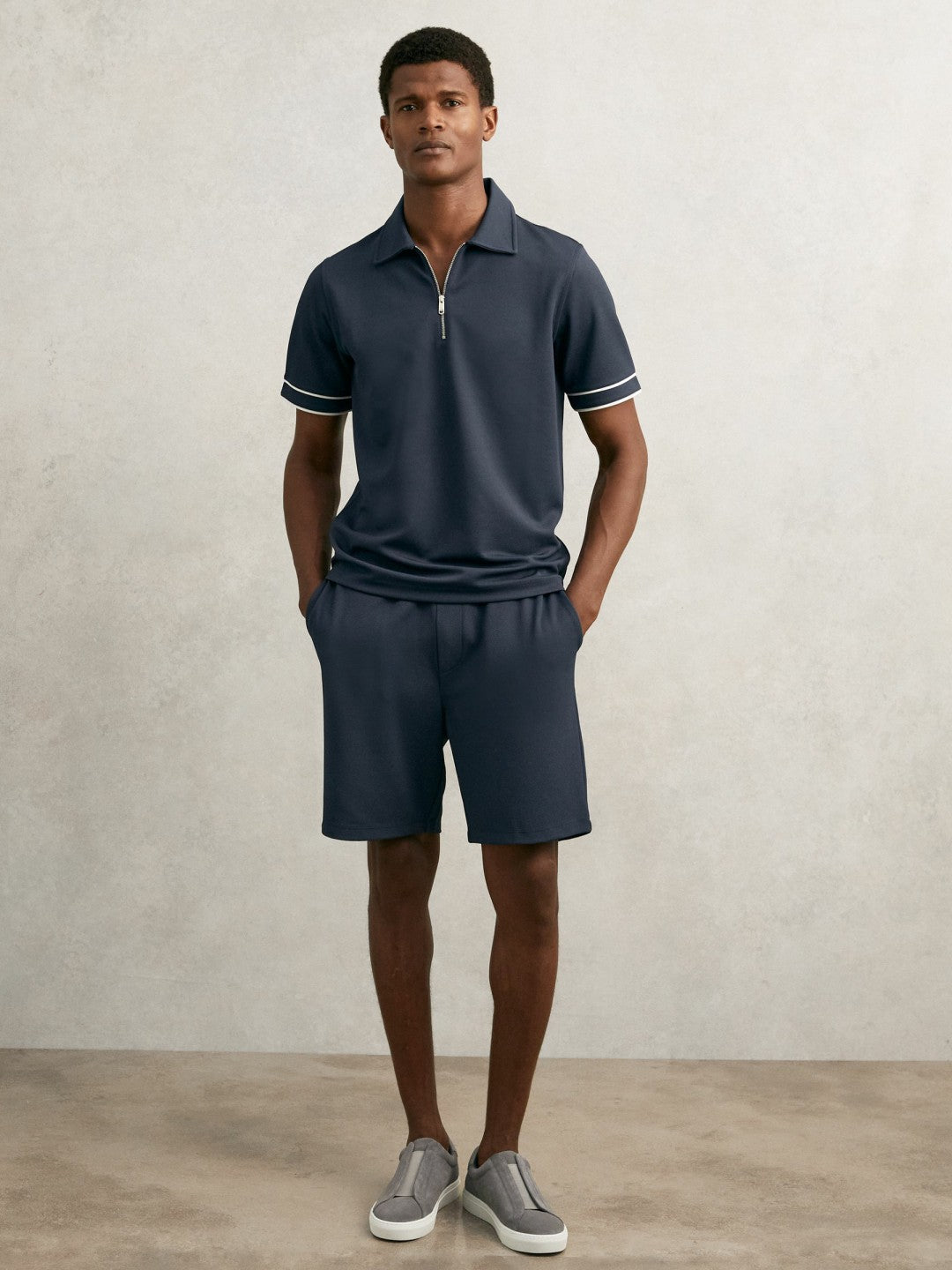 Reiss Deal - Textured Half-Zip Tipped Polo Shirt in Airforce Blue