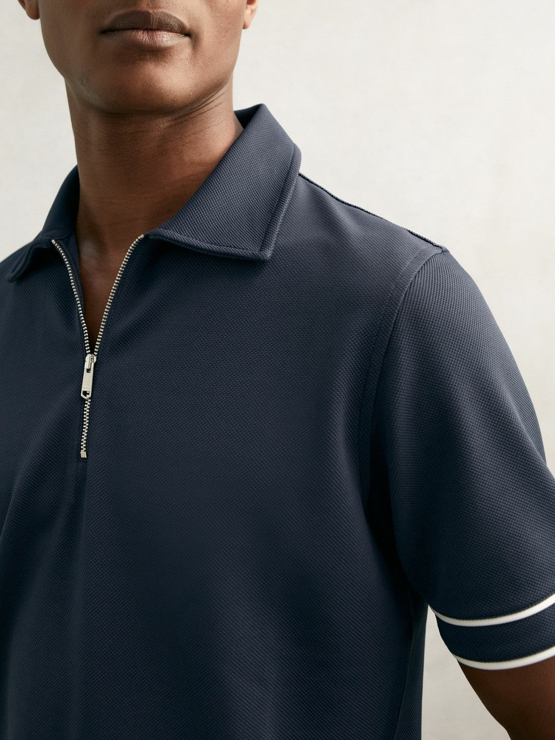 Reiss Deal - Textured Half-Zip Tipped Polo Shirt in Airforce Blue
