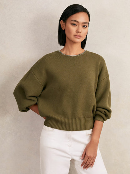 Reiss Deal - Wool-Blend Necklace-Trim Jumper with Cashmere in Sage Green