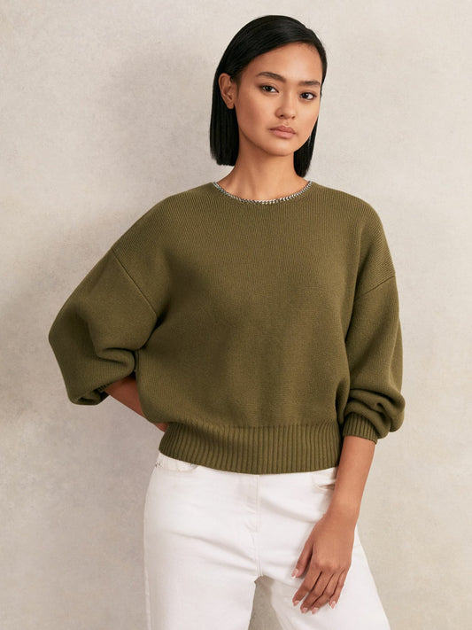 Reiss Deal - Wool-Blend Necklace-Trim Jumper with Cashmere in Sage Green