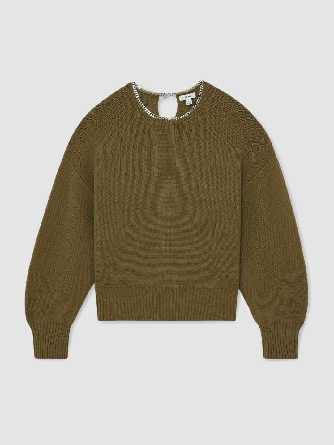 Reiss Deal - Wool-Blend Necklace-Trim Jumper with Cashmere in Sage Green