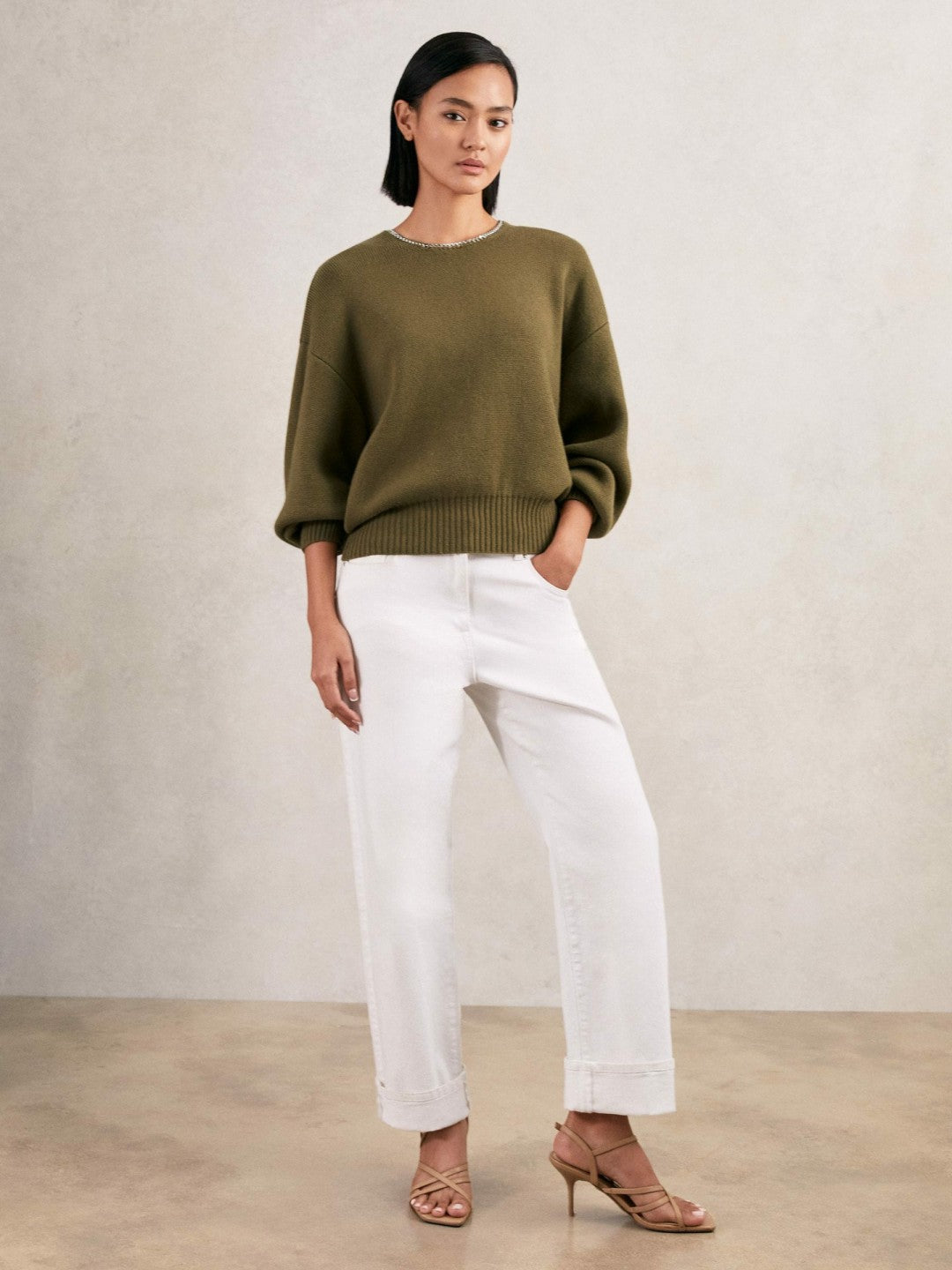 Reiss Deal - Wool-Blend Necklace-Trim Jumper with Cashmere in Sage Green