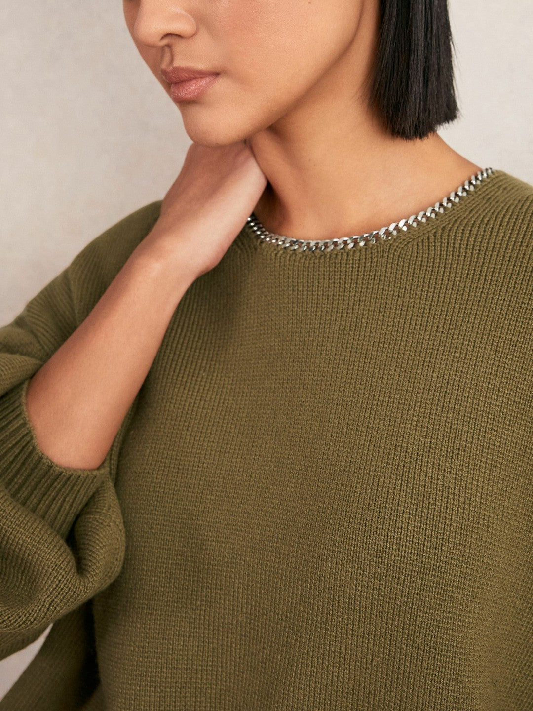 Reiss Deal - Wool-Blend Necklace-Trim Jumper with Cashmere in Sage Green
