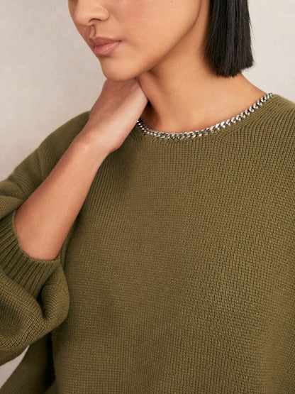 Reiss Deal - Wool-Blend Necklace-Trim Jumper with Cashmere in Sage Green