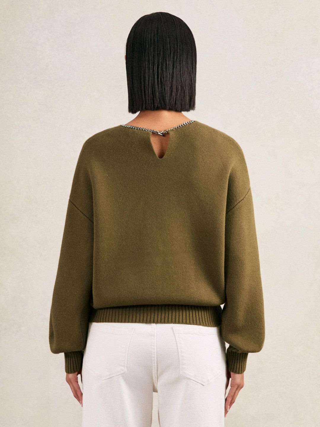 Reiss Deal - Wool-Blend Necklace-Trim Jumper with Cashmere in Sage Green