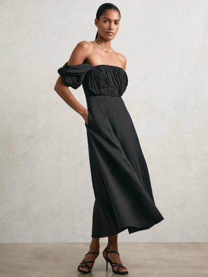 Reiss Bardot Sculpted Bodice Midi Dress With Linen in Black