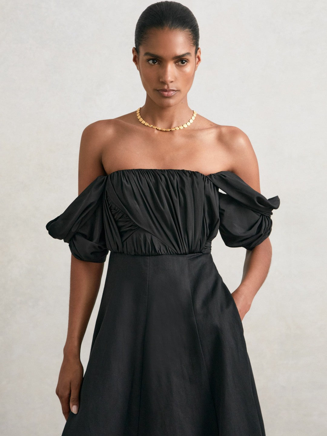 Reiss Bardot Sculpted Bodice Midi Dress With Linen in Black