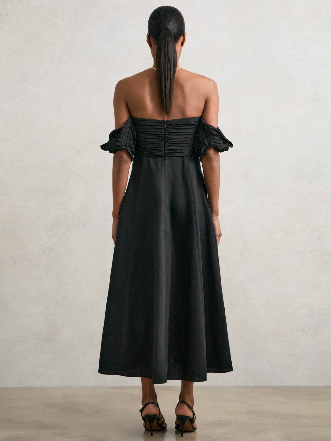 Reiss Bardot Sculpted Bodice Midi Dress With Linen in Black