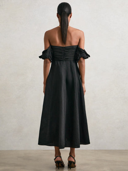 Reiss Bardot Sculpted Bodice Midi Dress With Linen in Black