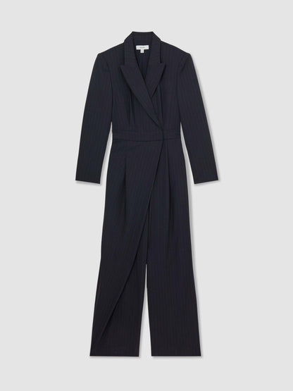 Reiss Best Seller - Pinstripe Tailored Wide-Leg Jumpsuit with Wool in Navy