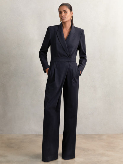 Reiss Best Seller - Pinstripe Tailored Wide-Leg Jumpsuit with Wool in Navy