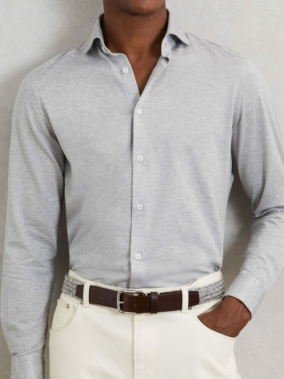 Reiss Featured - Webbing Belt With Leather Trim in Soft Grey