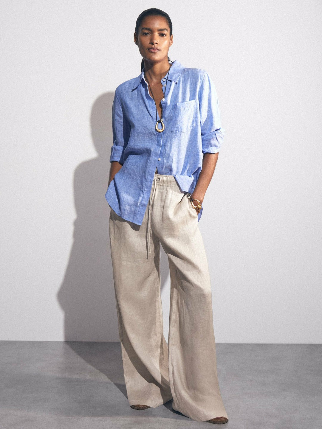 Reiss Petite Linen-Blend Wide-Leg Trousers in Neutral