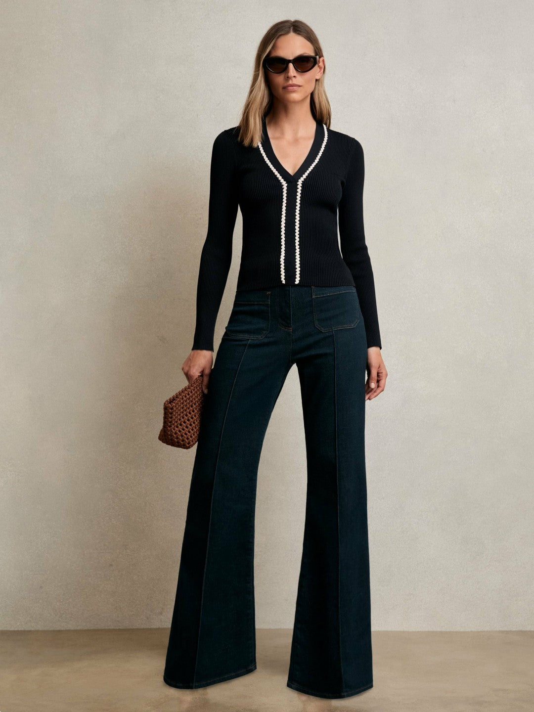 Reiss Craft-Stitch Rib-Knit Top in Navy/White