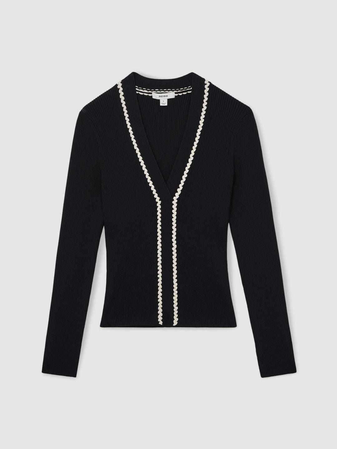 Reiss Craft-Stitch Rib-Knit Top in Navy/White