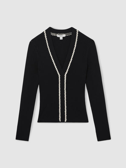 Reiss Craft-Stitch Rib-Knit Top in Navy/White