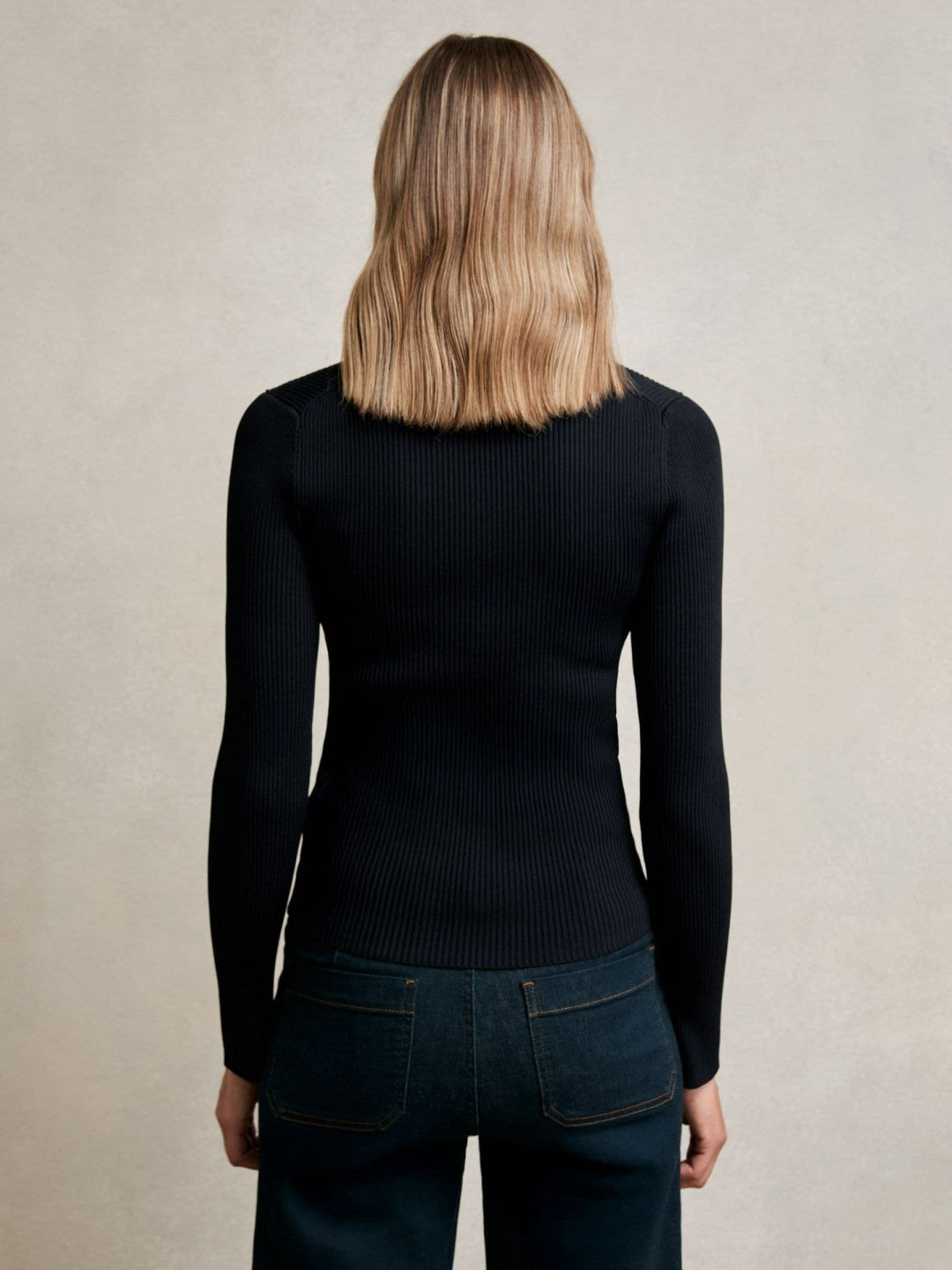 Reiss Craft-Stitch Rib-Knit Top in Navy/White