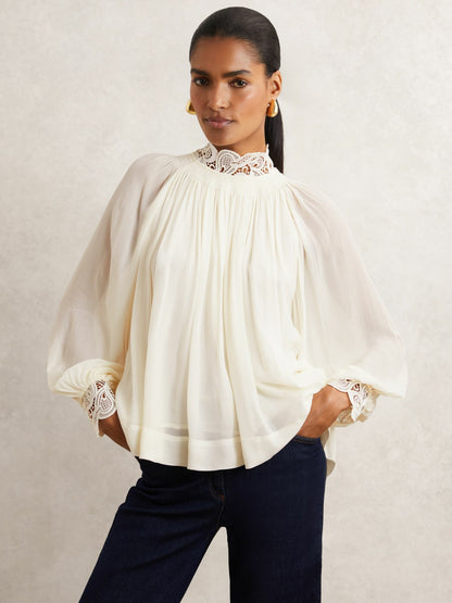 Reiss Popular Choice - Lace-Trim Draped Chiffon Top in Cream
