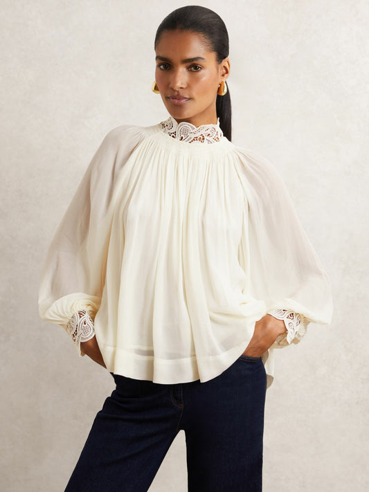 Reiss Popular Choice - Lace-Trim Draped Chiffon Top in Cream