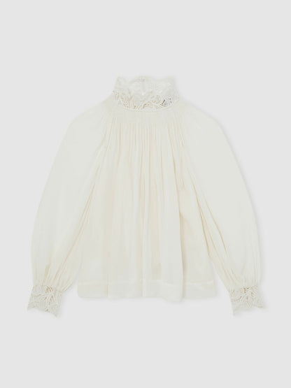 Reiss Popular Choice - Lace-Trim Draped Chiffon Top in Cream