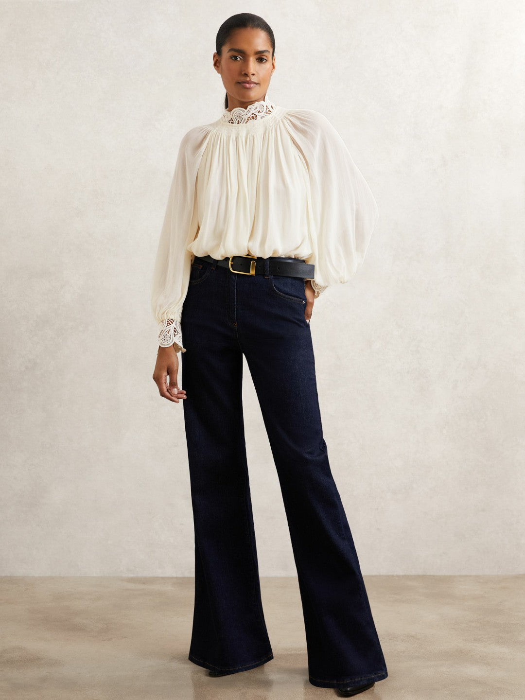 Reiss Popular Choice - Lace-Trim Draped Chiffon Top in Cream