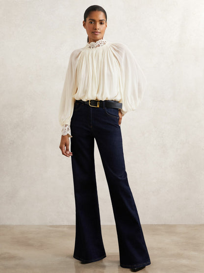 Reiss Popular Choice - Lace-Trim Draped Chiffon Top in Cream