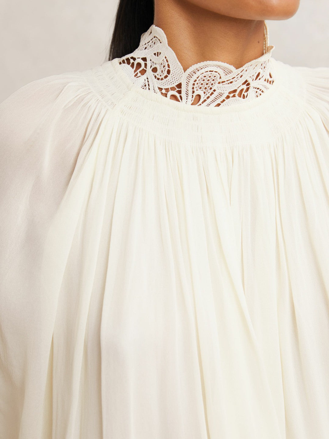 Reiss Popular Choice - Lace-Trim Draped Chiffon Top in Cream