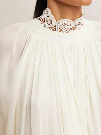 Reiss Popular Choice - Lace-Trim Draped Chiffon Top in Cream