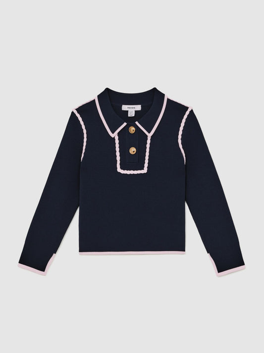 Reiss Affordable - 13-14 yrs Piped Knitted Collar Top in Navy