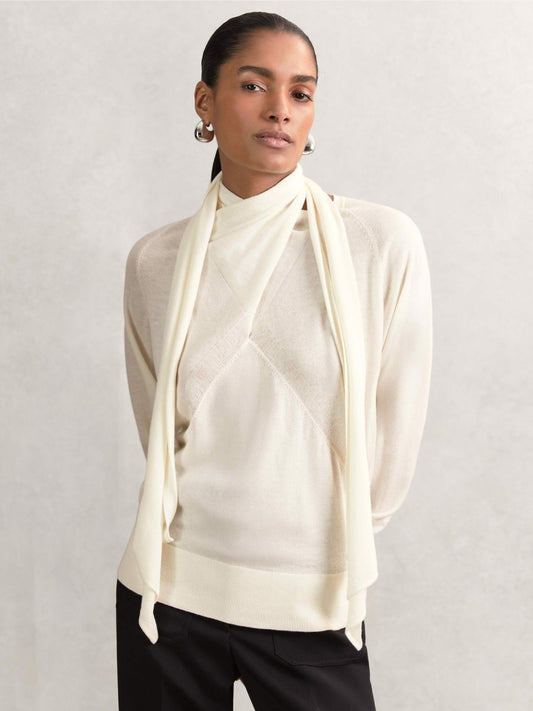 Reiss Featured - Wool Scarf-Tie Draped Jumper in Cream