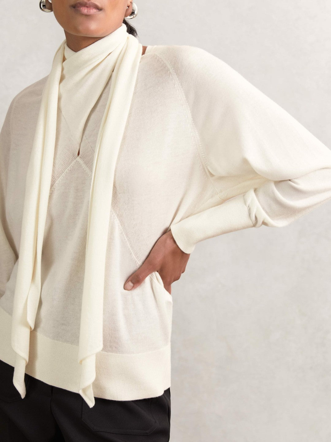 Reiss Featured - Wool Scarf-Tie Draped Jumper in Cream
