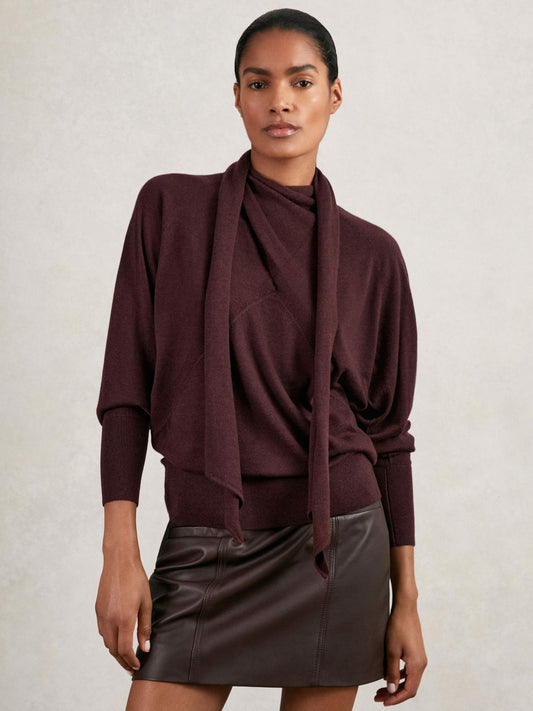 Reiss Popular Choice - Wool Scarf-Tie Draped Jumper in Burgundy
