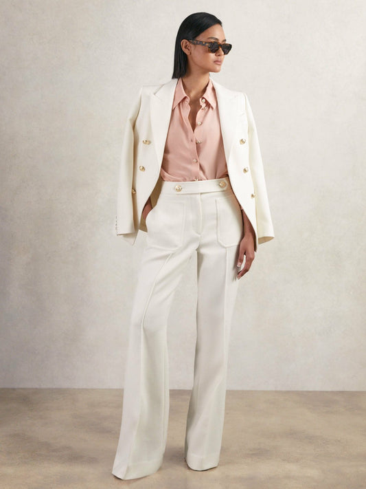 Reiss Best Seller - Twill Button-Tab Flared Trousers With Wool in White