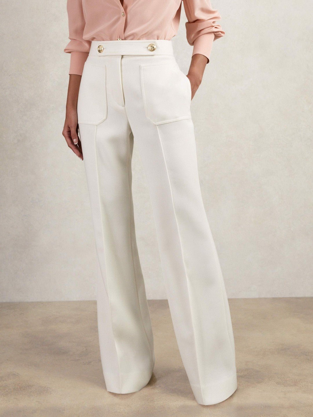 Reiss Best Seller - Twill Button-Tab Flared Trousers With Wool in White
