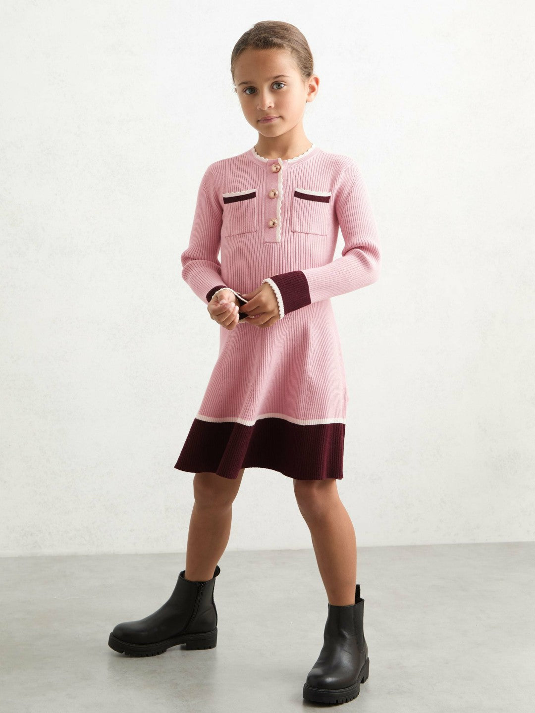 Reiss Deal - 3-9 yrs Scallop-Trim Rib-Knit Dress in Pink