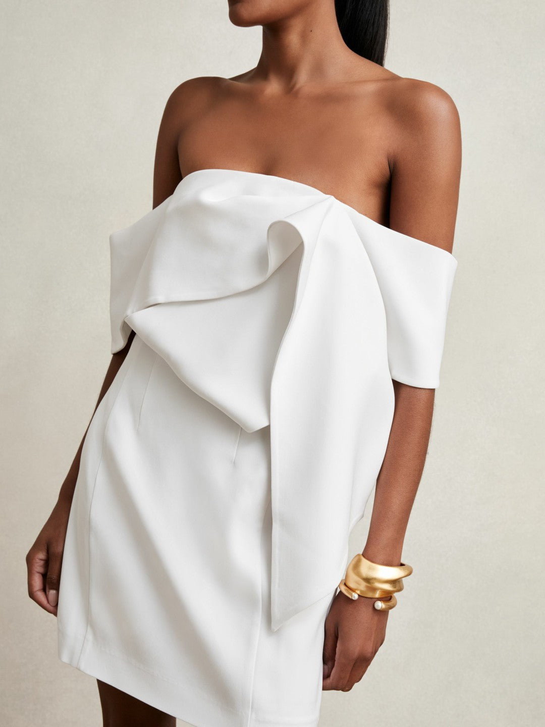 Reiss Sculptural Off-Shoulder Mini Dress in Ivory