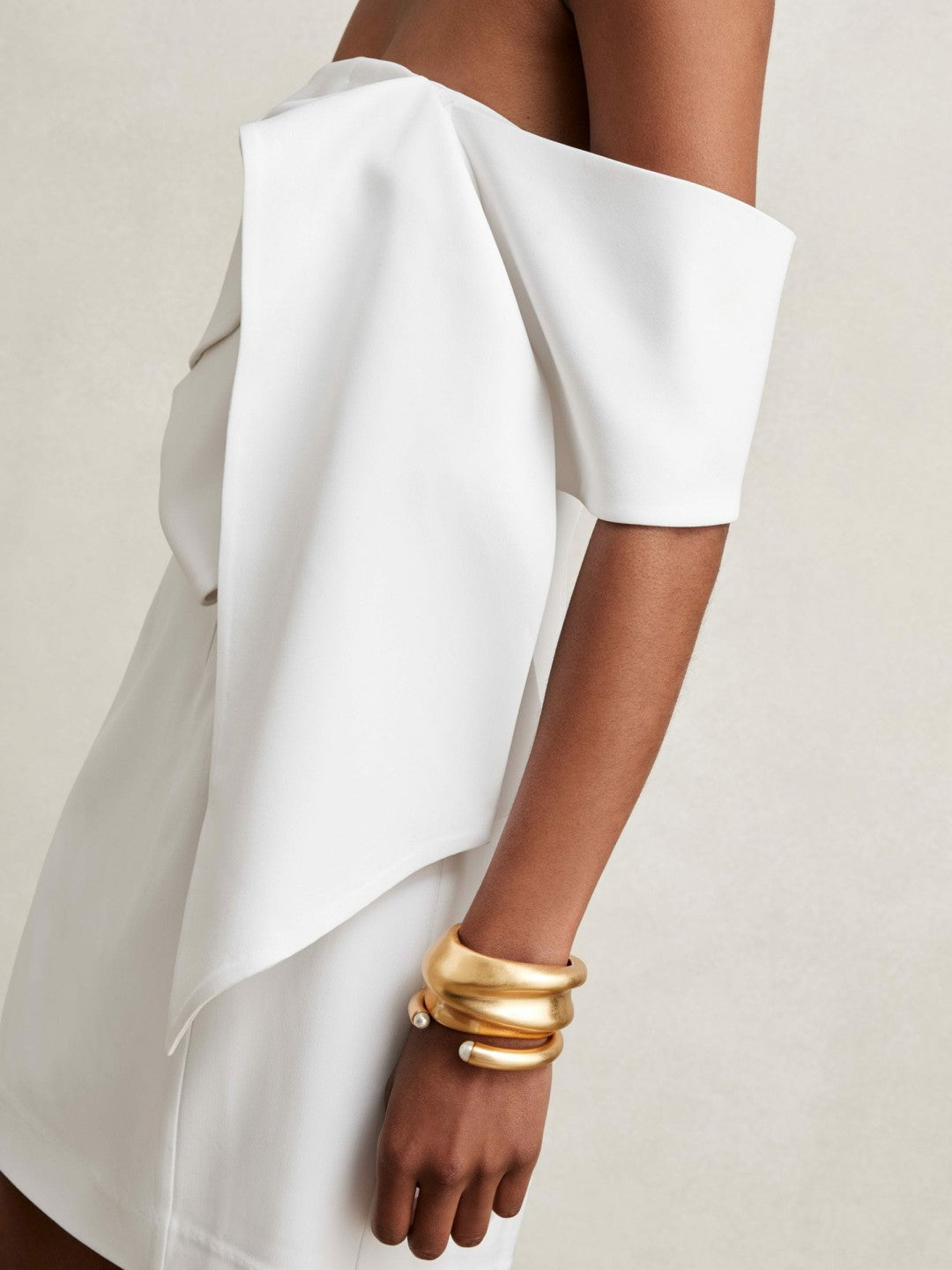 Reiss Sculptural Off-Shoulder Mini Dress in Ivory