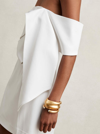 Reiss Sculptural Off-Shoulder Mini Dress in Ivory