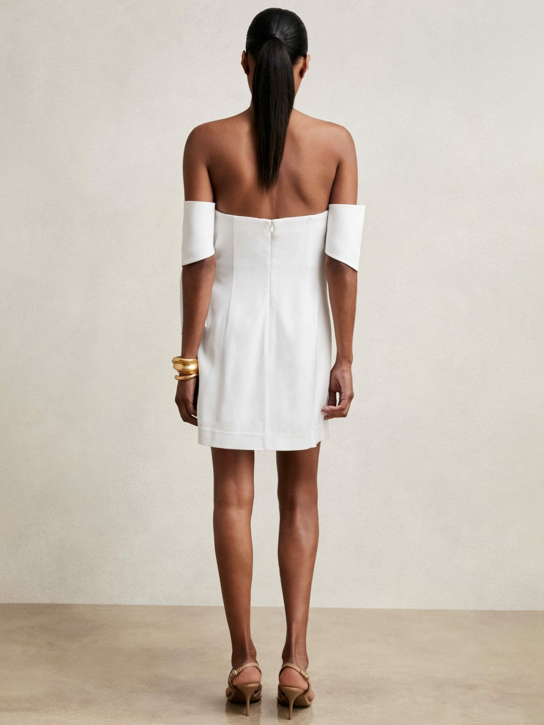 Reiss Sculptural Off-Shoulder Mini Dress in Ivory